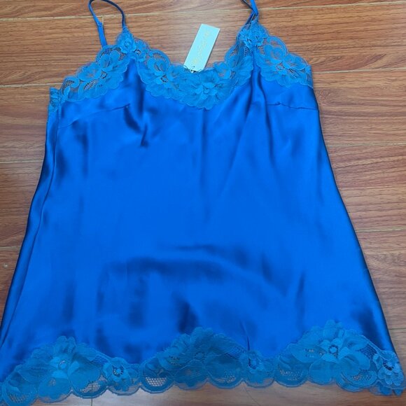 NWOT Gold Hawk Y2K Floral Lace Trim 100% Silk Cami True Blue Size L - Picture 4 of 5